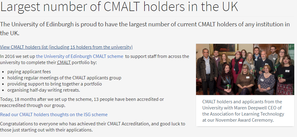 A screen shot of a news article about the University of Edinburgh having the largest number of CMALT holders, follow the link for full text
