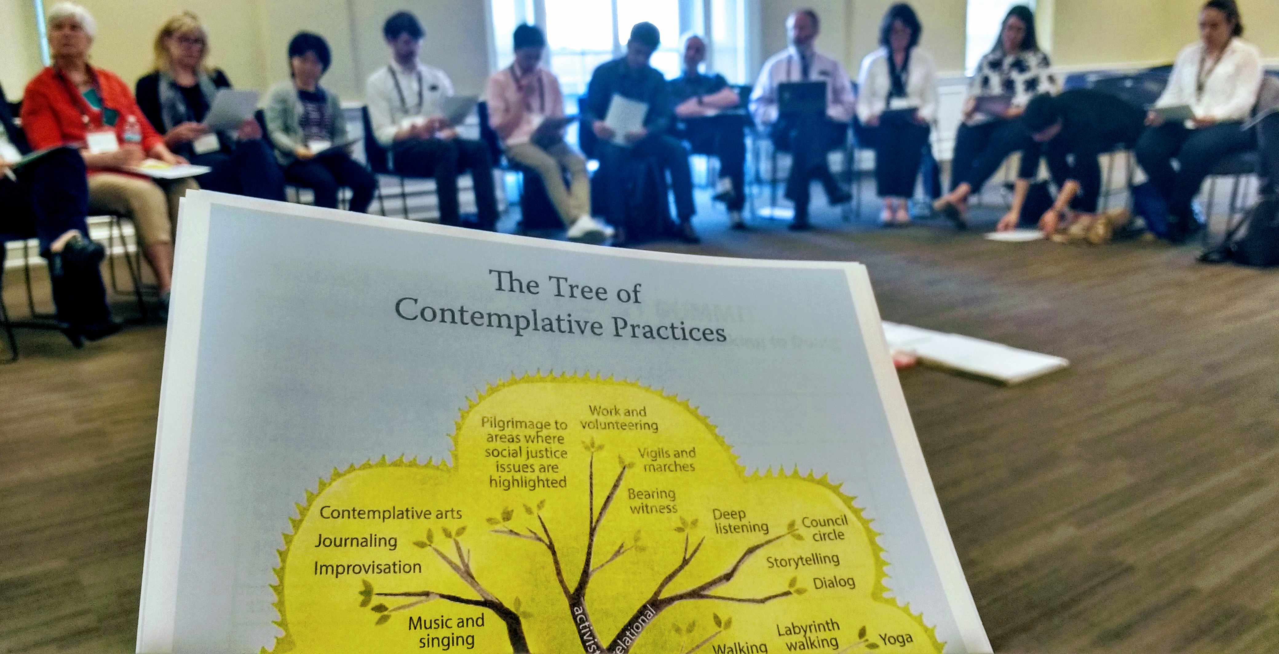 A circle of people sit across the room as I look down at the Tree of Contemplative Practices